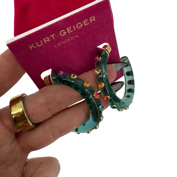 Kurt Geiger London Gold and Green Multicolor Studded Resin Hoop Earrings NWT - Picture 3 of 6